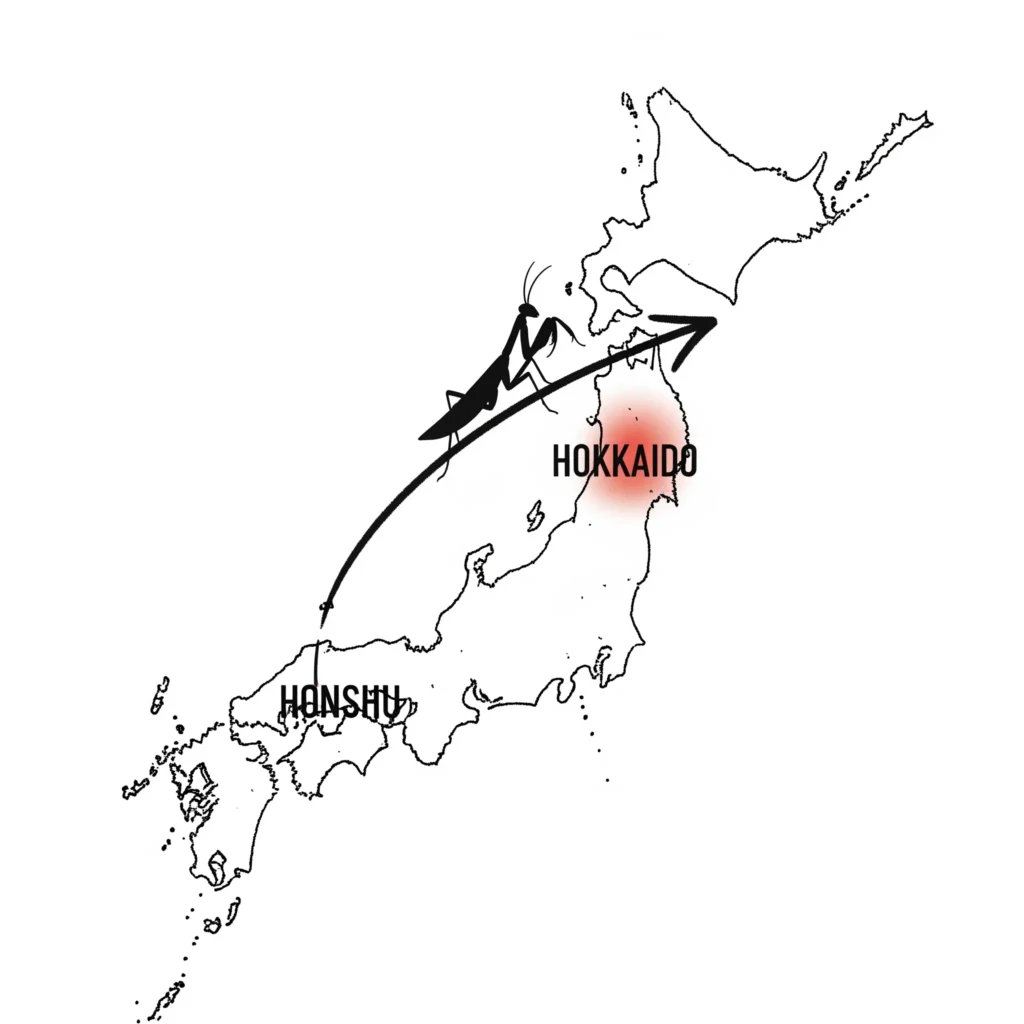 国内外来種が日本国内の本来の分布域を超えて北海道へ移動する概念図