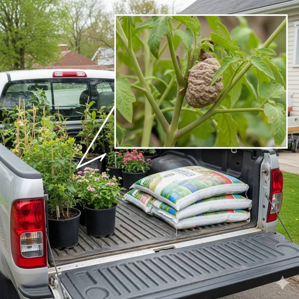 植木などの物資に付着して運ばれるカマキリの卵(卵鞘)- 人為的移入の原因を示すイラスト