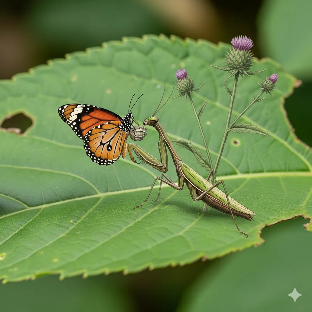 国内外来種のカマキリによる北海道の在来種(蝶)への捕食圧を示すイラスト