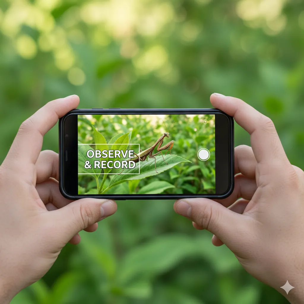 カマキリを発見した際にスマートフォンで観察・記録する方法